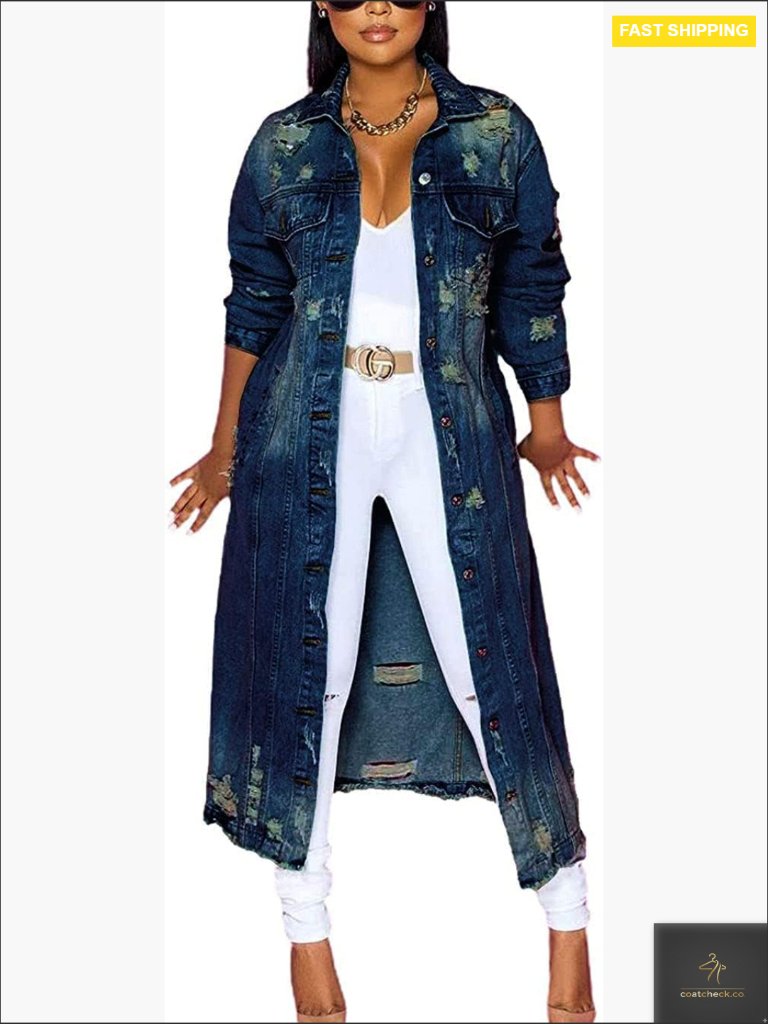 Distressed Washed Denim Jacket Long Trench Coat Oversized Y2k Streetwear